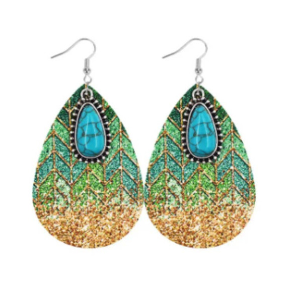 Bohemian Pine‎ Stone Teardrop Earrings Colorful Charms Green Blue Tan - Picture 1 of 7